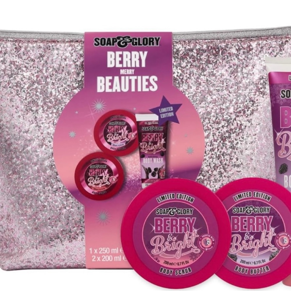 Soap & Glory Berry Merry Beauties Set~3 Items w/Glittery Pink Carrying Case~New